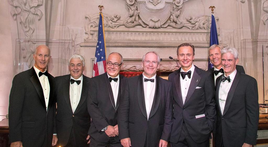 Alinghi team, L to R: Ed Baird, Brad Butterworth, Dirk Kramers, Rolf Vrolijk, Ernesto Bertarelli, Jochen Schumann, and Grant Simmer - Hall of Fame induction for Ernesto Bertarelli Alinghi and Lord Dunraven © Carlo Borlenghi / www.carloborlenghi.com